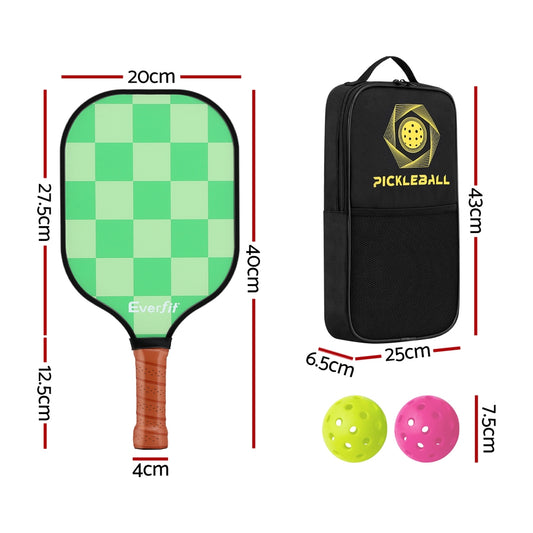 Pickleball paddle, pouch, and balls with measurements on a white background