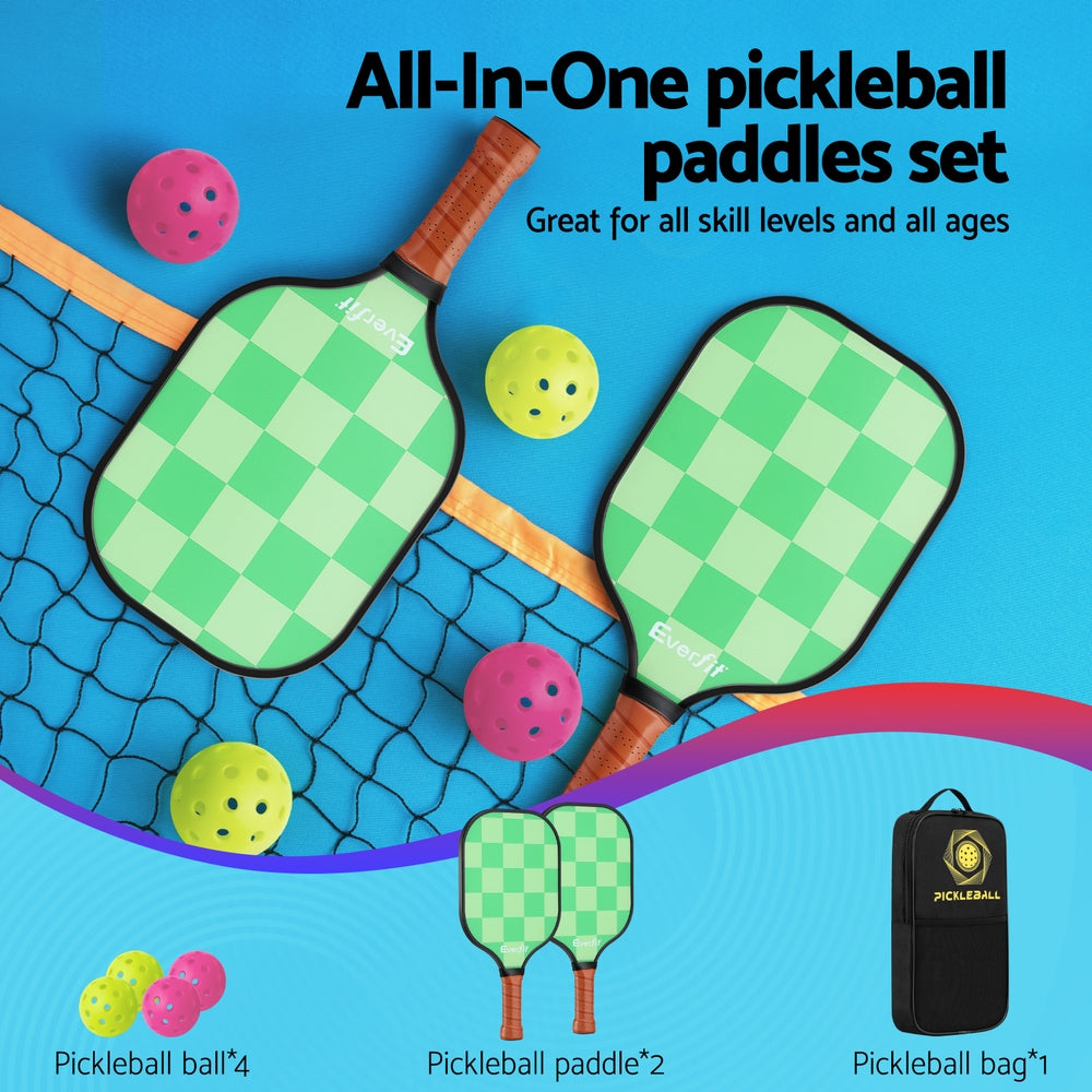 All-in-one pickleball paddles set with two green paddles, four balls, and a black bag