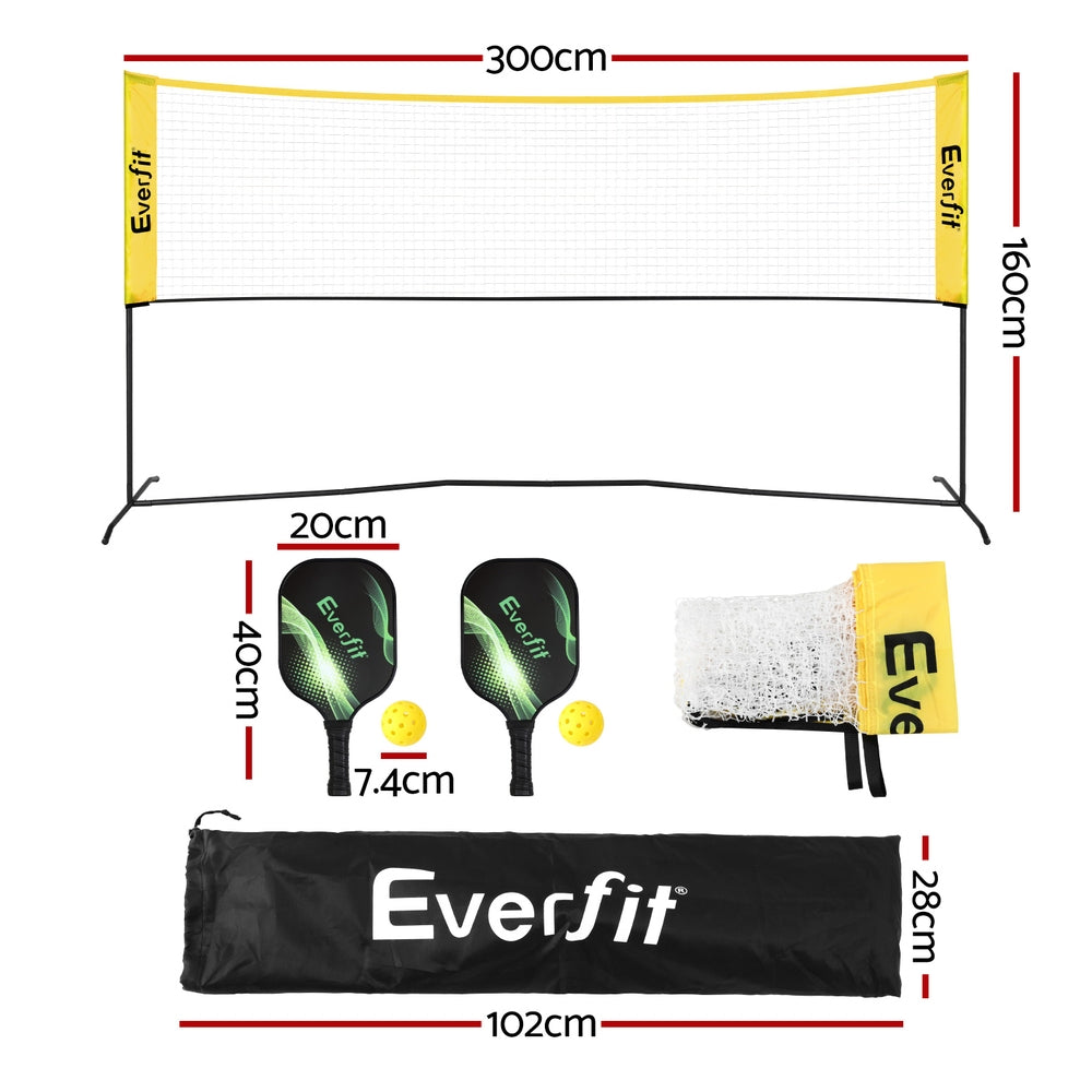 Measurement chart of a pickleball set with Everfit branding, including net, paddles, balls and bag