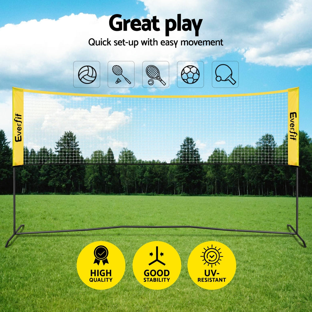 Everfit sports training net with features highlighted on a grassy field with trees and blue sky.