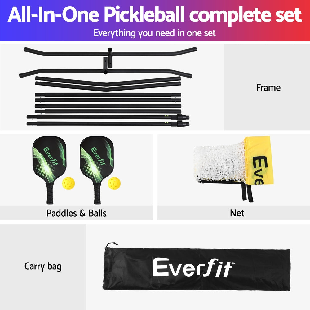 All-in-one pickleball set with paddles, balls, frame, net, and carry bag on a white background.