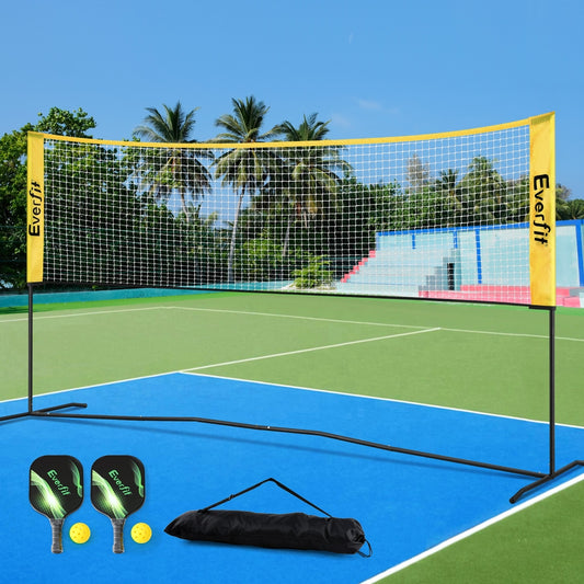 Portable Pickleball net set on a tennis court with Everfit branding.