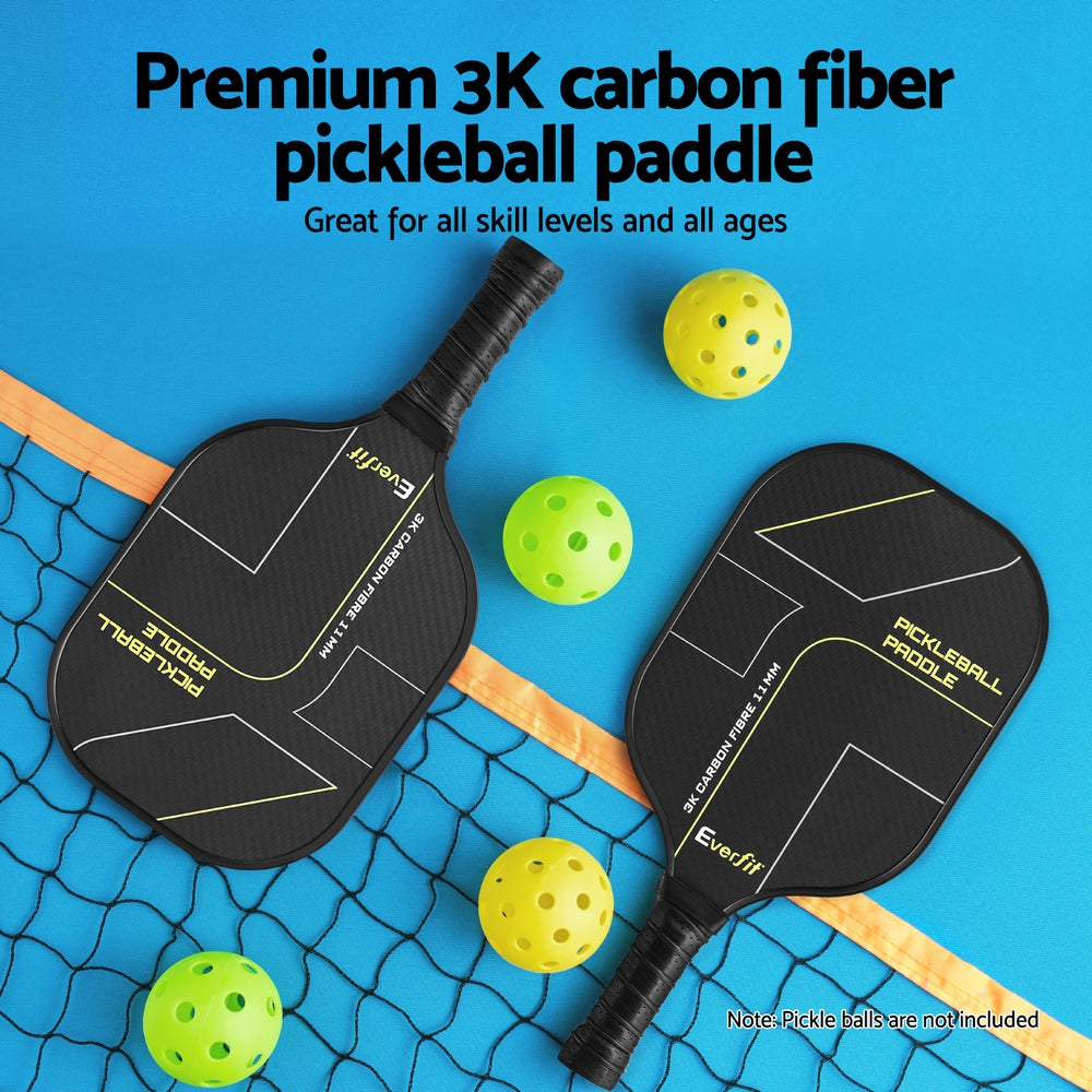 Two pickleball paddles and balls on a blue surface with promotional text.