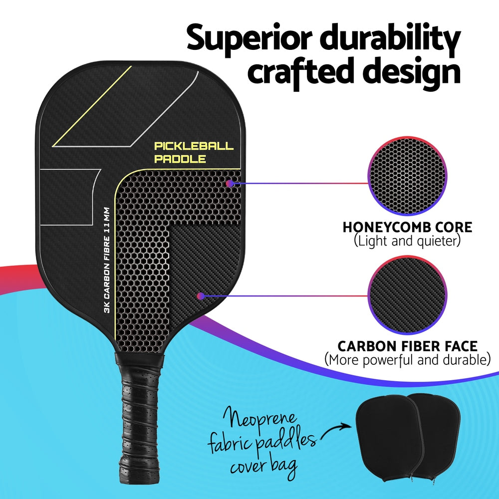 Pickleball paddle with highlighted features on a blue and white background