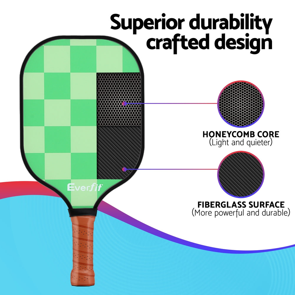Green checkered pickleball paddle with honeycomb core and fiberglass surface